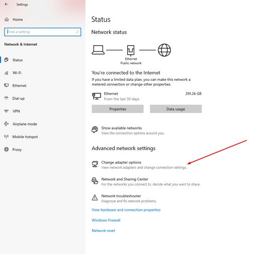 a picture of the Network & Internet menu with the 'change adapter options' link highlighted